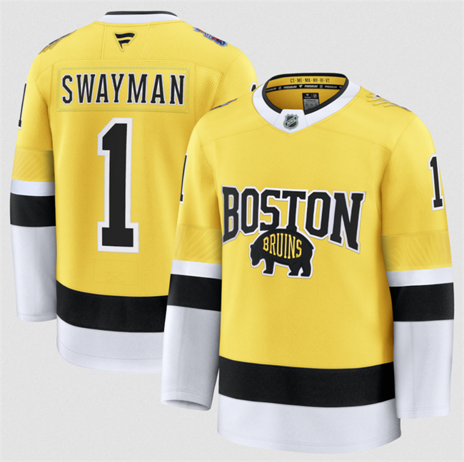 Men's Gold Boston Bruins #1 Jeremy Swayman 2026 Stadium Series Stitched Hockey Jersey